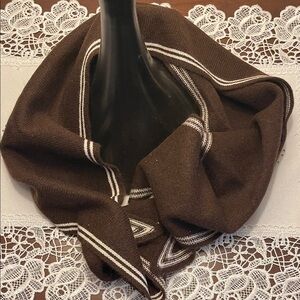Brown Knit Cashmere Scarf with White Stripe Detail